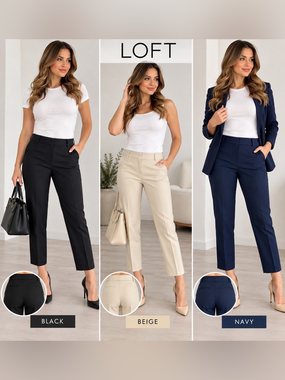 LOFT Slim Cropped Trousers — Black, Beige, Navy